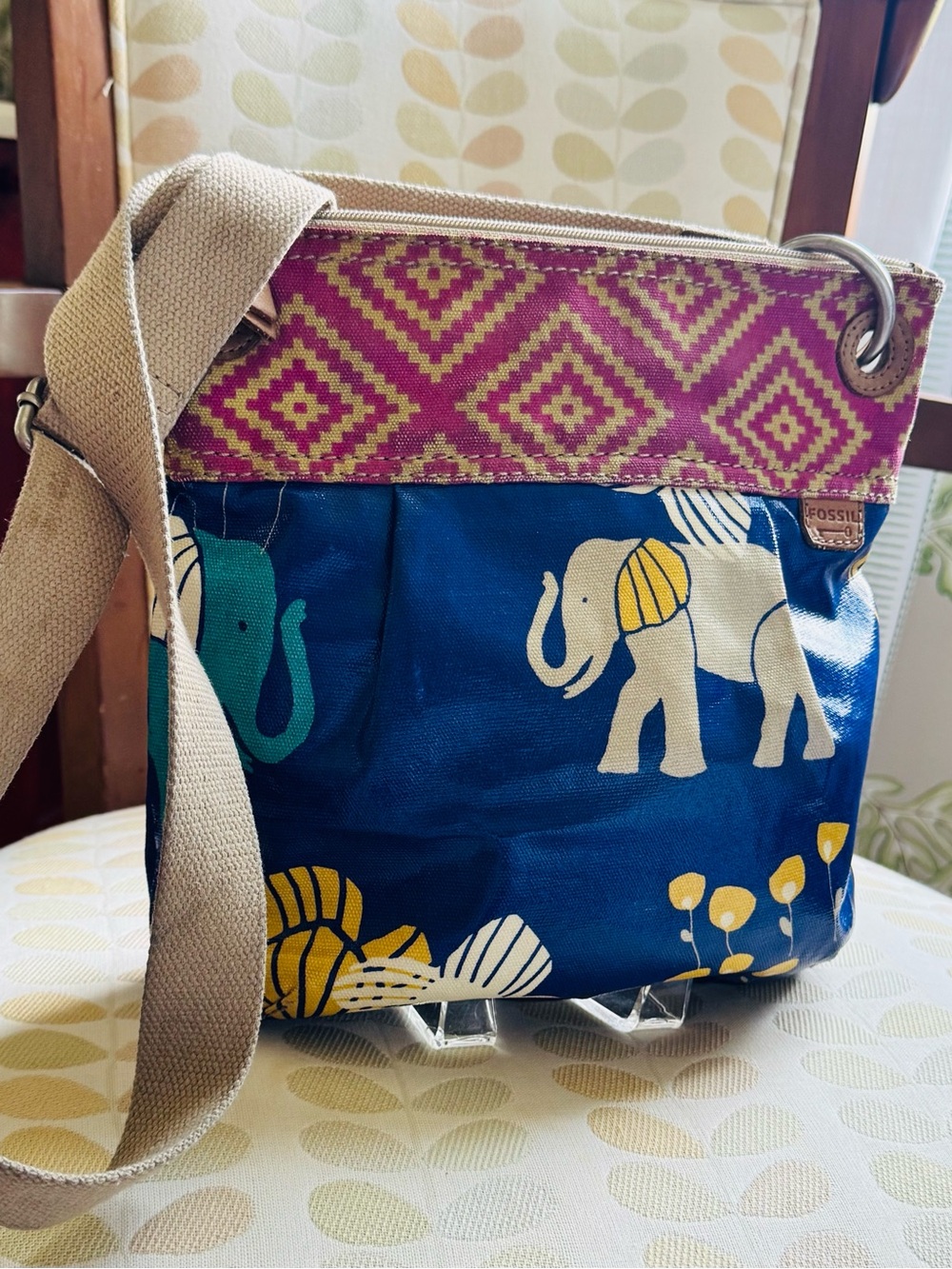 Fossil Y2K Blue Elephant Print Crossbody Bag with Pink Trim